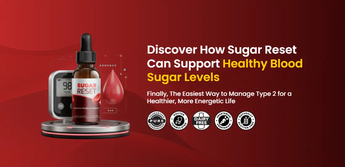 A Sugar Reset dropper bottle on a lit podium beside a glucose meter reading 98 mg/dL.